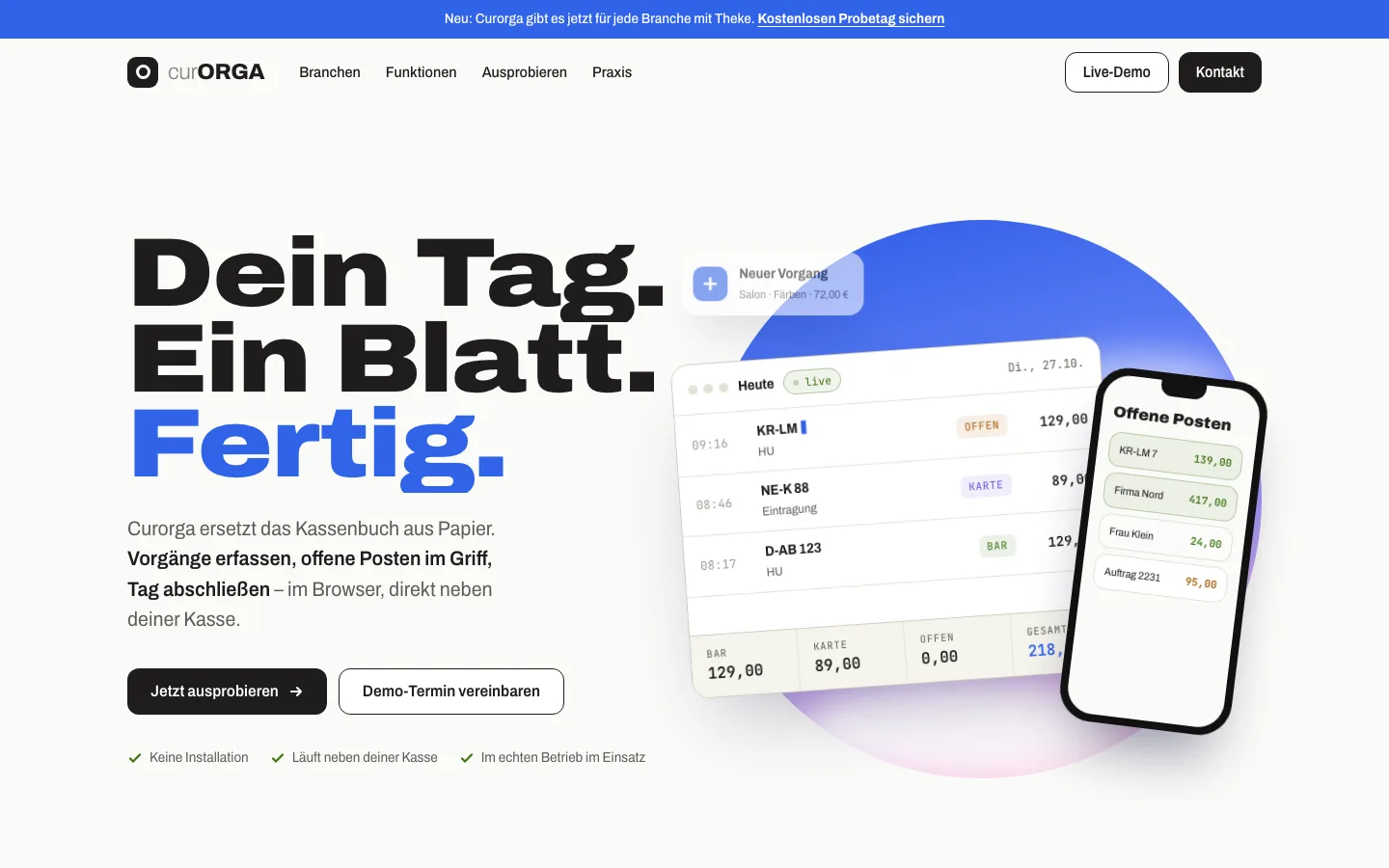 Curorga Website: Dein Tag. Ein Blatt. Fertig.