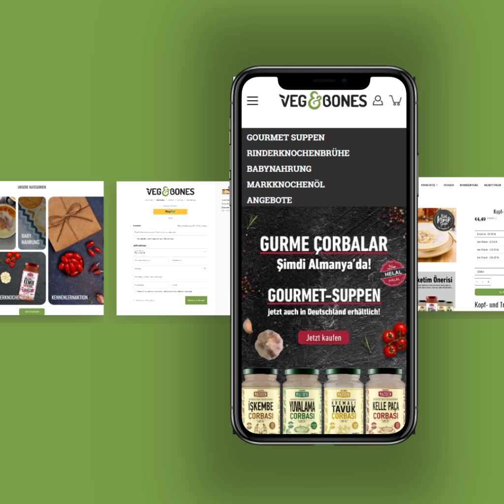 Der VEG & BONES Shop auf dem Smartphone, dahinter Produktseite und Checkout